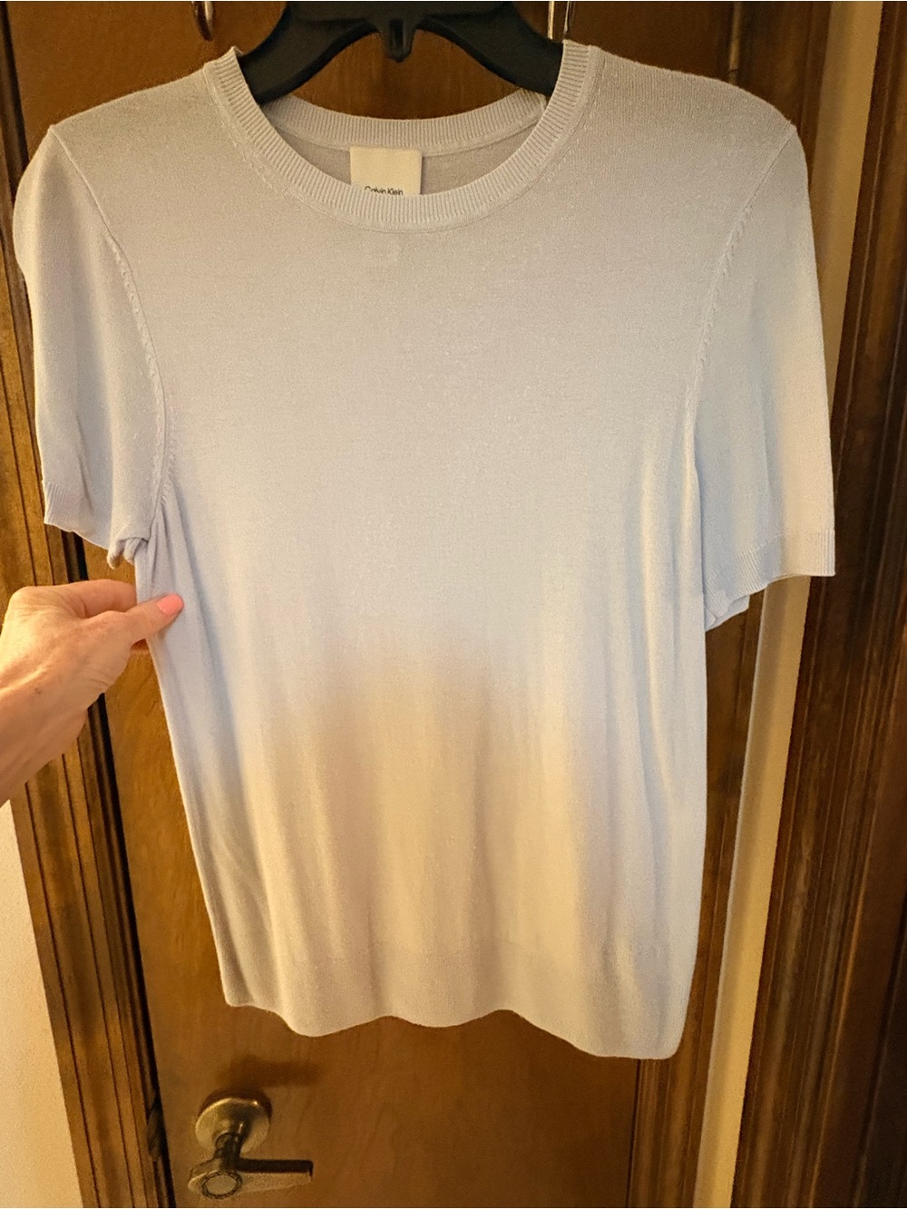 💙 Calvin Klein Soft Blue Short-Sleeve Knit Top – Small Petite